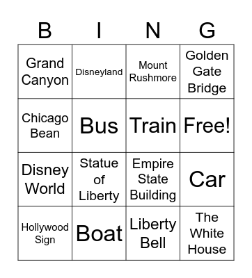 US Landmarks and Travel Bingo Card