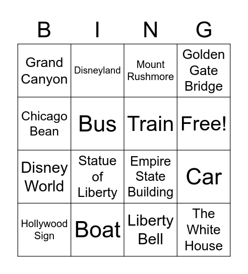 US Landmarks and Travel Bingo Card