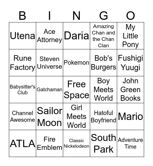 Sara's Fandom Bingo Card