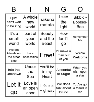 Disney Songs - Name that Song Bingo Card