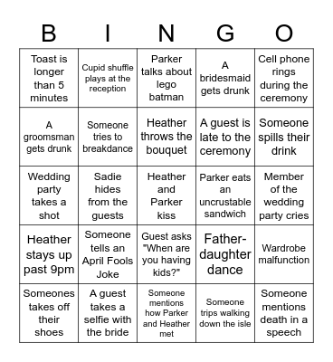 Heather and Parker's Wedding Day Bingo Card