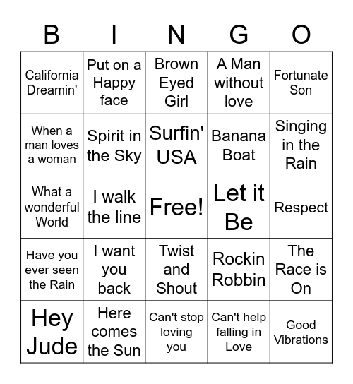 Oldies but Goodies- Name that Song Bingo Card