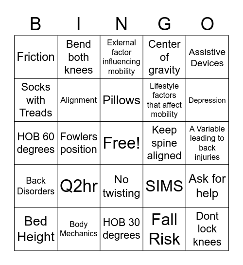 BINGO: Body Mechanics and Positioning Bingo Card