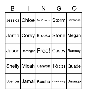 Westmoreland Family Bingo Card