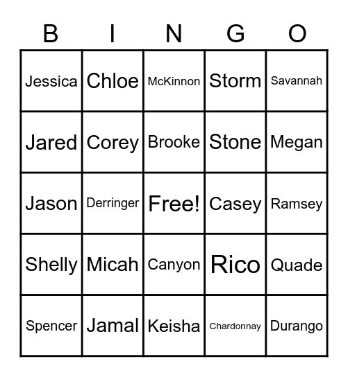 Westmoreland Family Bingo Card