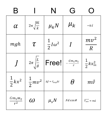 AP Physics Formula Review Bingo Card