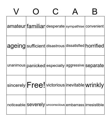 Bingo Vocab (Adjectives + Verbs) Bingo Card