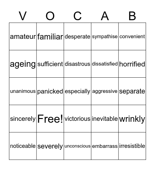 Bingo Vocab (Adjectives + Verbs) Bingo Card