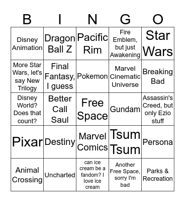 Fandom Bingo Card