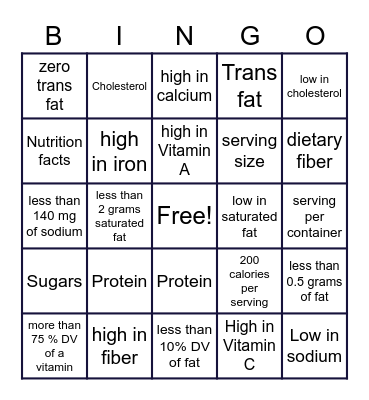 Food Label Bingo Card