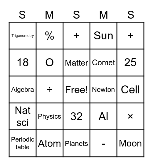 SCI-MATH BINGO Card