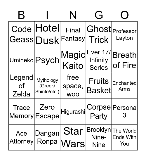 fandom bingo Card