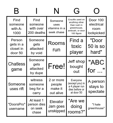 Doors Public Lobby Bingo Card