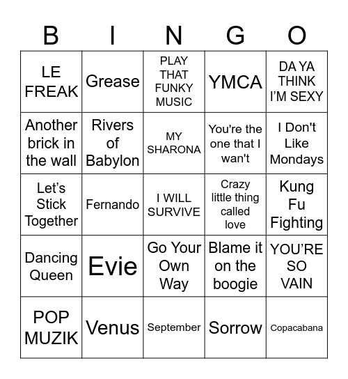 Super 70's Bingo Card