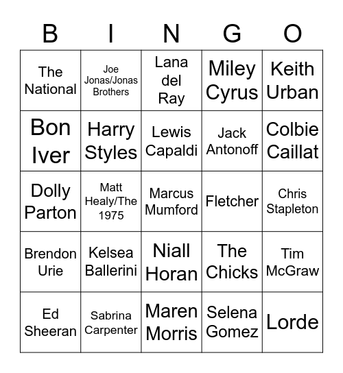 Eras Tour Surprise Guest Bingo Card