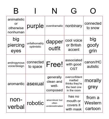 Tort Comfort Character Attribute Bingo Card