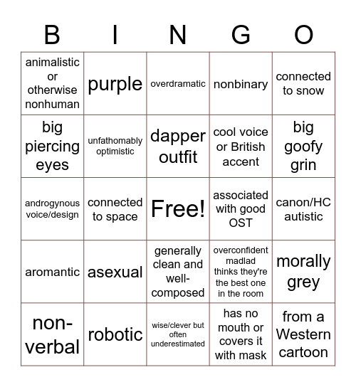Tort Comfort Character Attribute Bingo Card