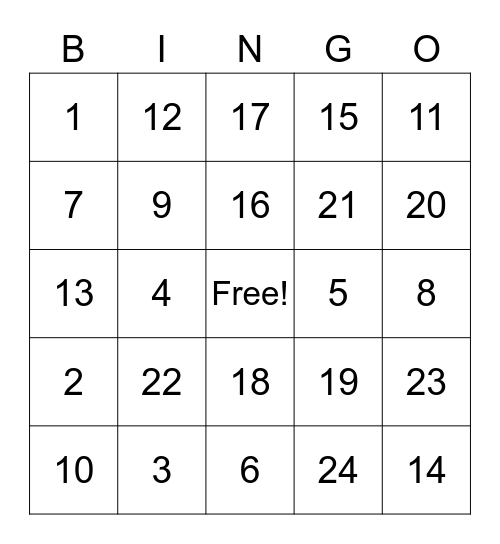 Number Bingo Card