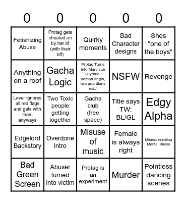 Gacha Stereotype Bingo Card