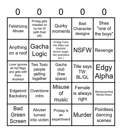 Gacha Stereotype Bingo Card