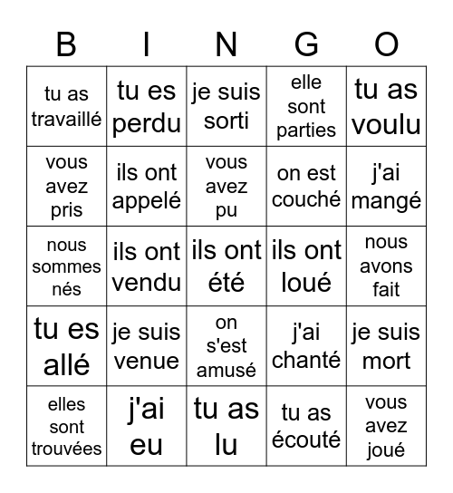 Passé composé Bingo Card