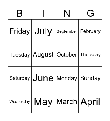 Days and months Bingo Card