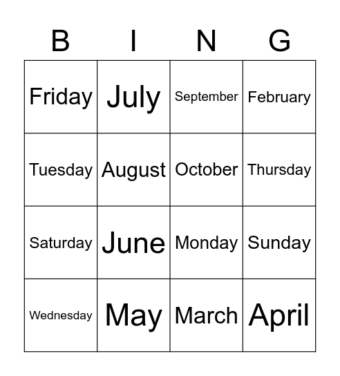 Days and months Bingo Card