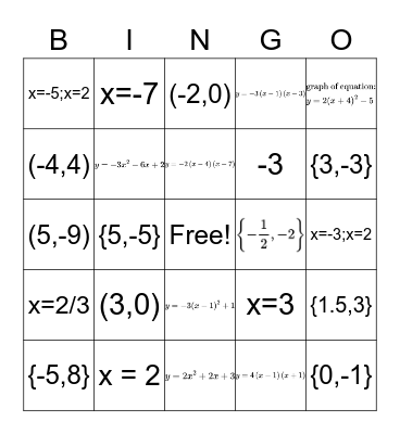 Quadratic Functions Bingo! Bingo Card