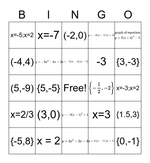 Quadratic Functions Bingo! Bingo Card