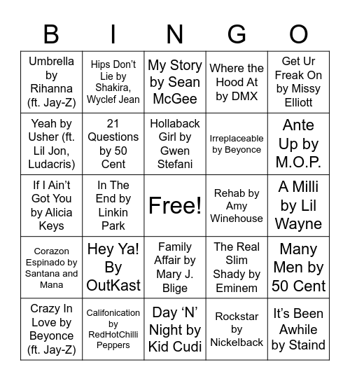 Early 2000's Music Bingo Card
