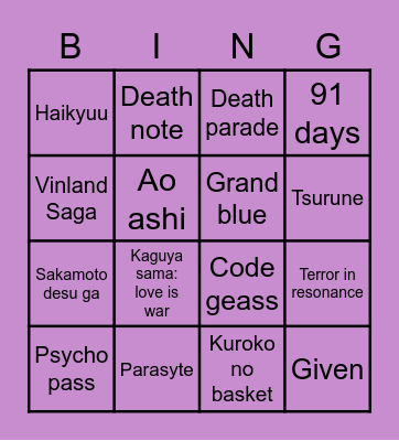 Favourite anime Bingo Card