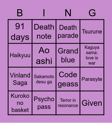 Favourite anime Bingo Card