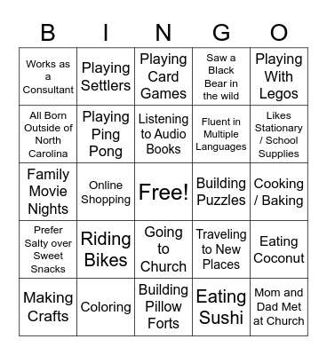 Chang Family Bingo Card
