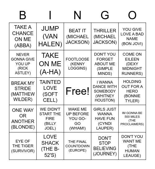 80's Hits Bingo Card