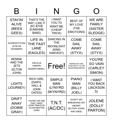70's HITS Bingo Card