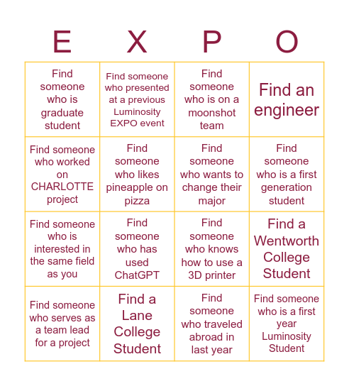 Luminosity EXPO 2023 Bingo Card