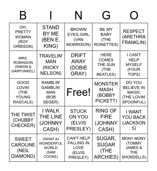 60S HITS Bingo Card