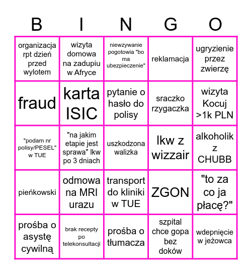 ASSISTANCE BINGO Card