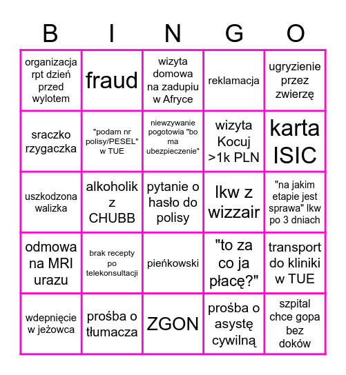 ASSISTANCE BINGO Card