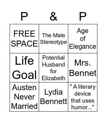 Pride & Prejudice Bingo Card