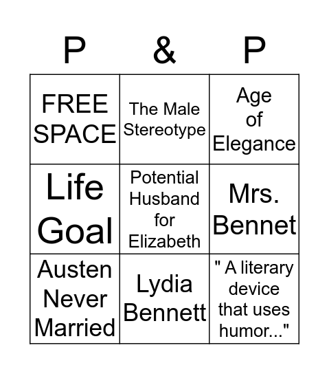 Pride & Prejudice Bingo Card
