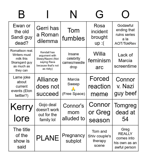 Succession Final Season Bingo Board Bingo Card