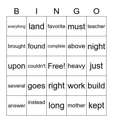 SIGHT WORDS 2 Bingo Card