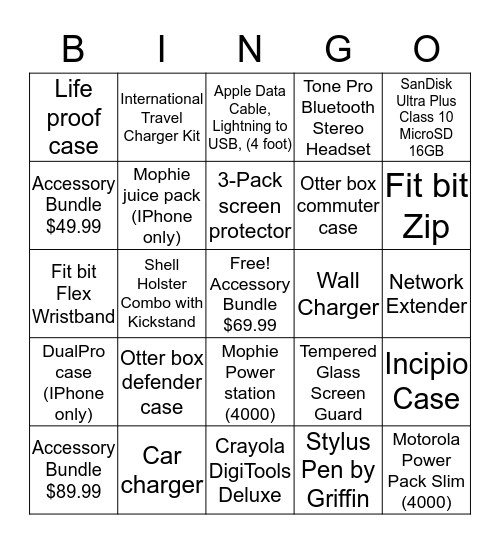 Verizon Wirless World Accessories  Bingo Card