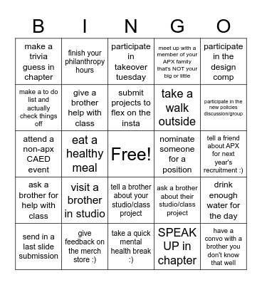 APX End of Semester Bingo Card