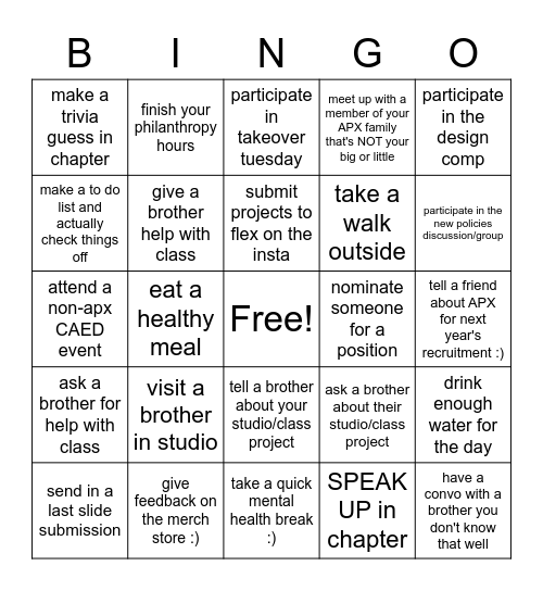 APX End of Semester Bingo Card