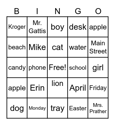 Common/Proper Nouns Bingo Card