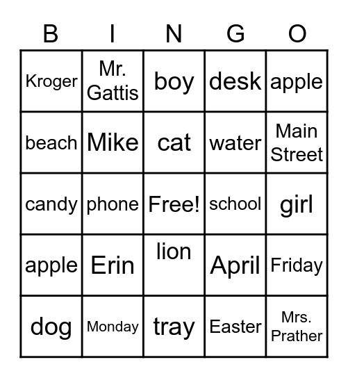 Common/Proper Nouns Bingo Card