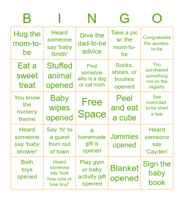 Baby Smith Bingo Card