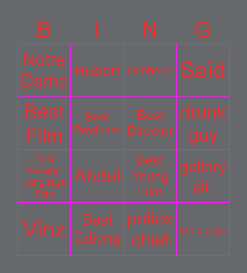 Character and Accolade Bingo Card
